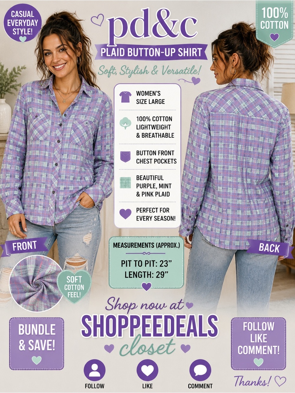 PD&C Plaid Button-Front Shirt – Women’s Large – Purple & Mint Plaid –